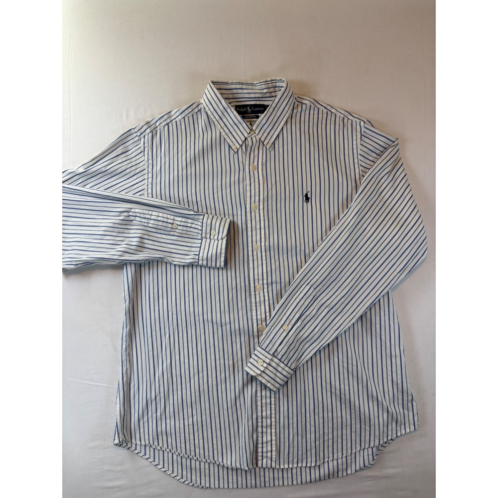 Polo Ralph Lauren Mens XL Custom Fit Blue White Striped Cotton Button Down Shirt